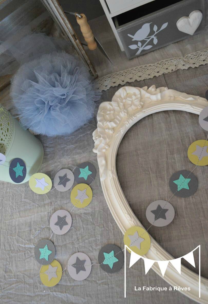 Guirlande étoiles pastille cousue rond papier carton turquoise ...