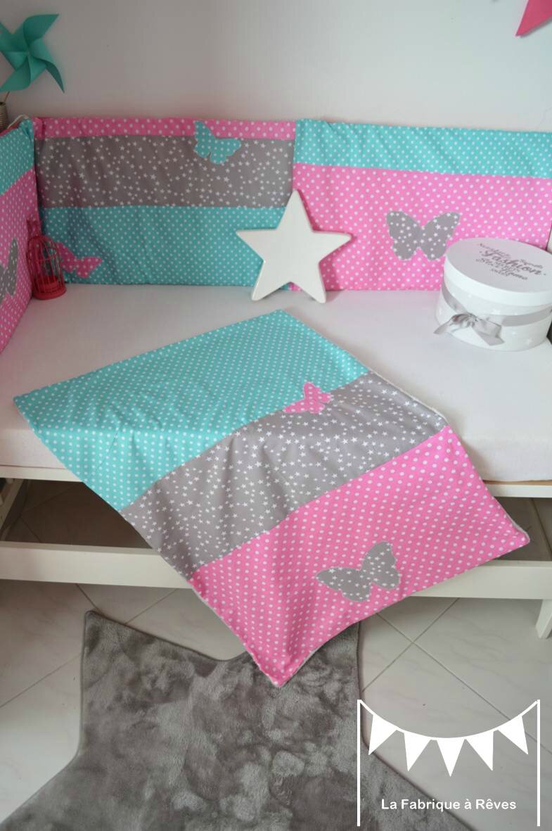 Couverture linge lit bébé fille rose turquoise gris étoiles pois ...