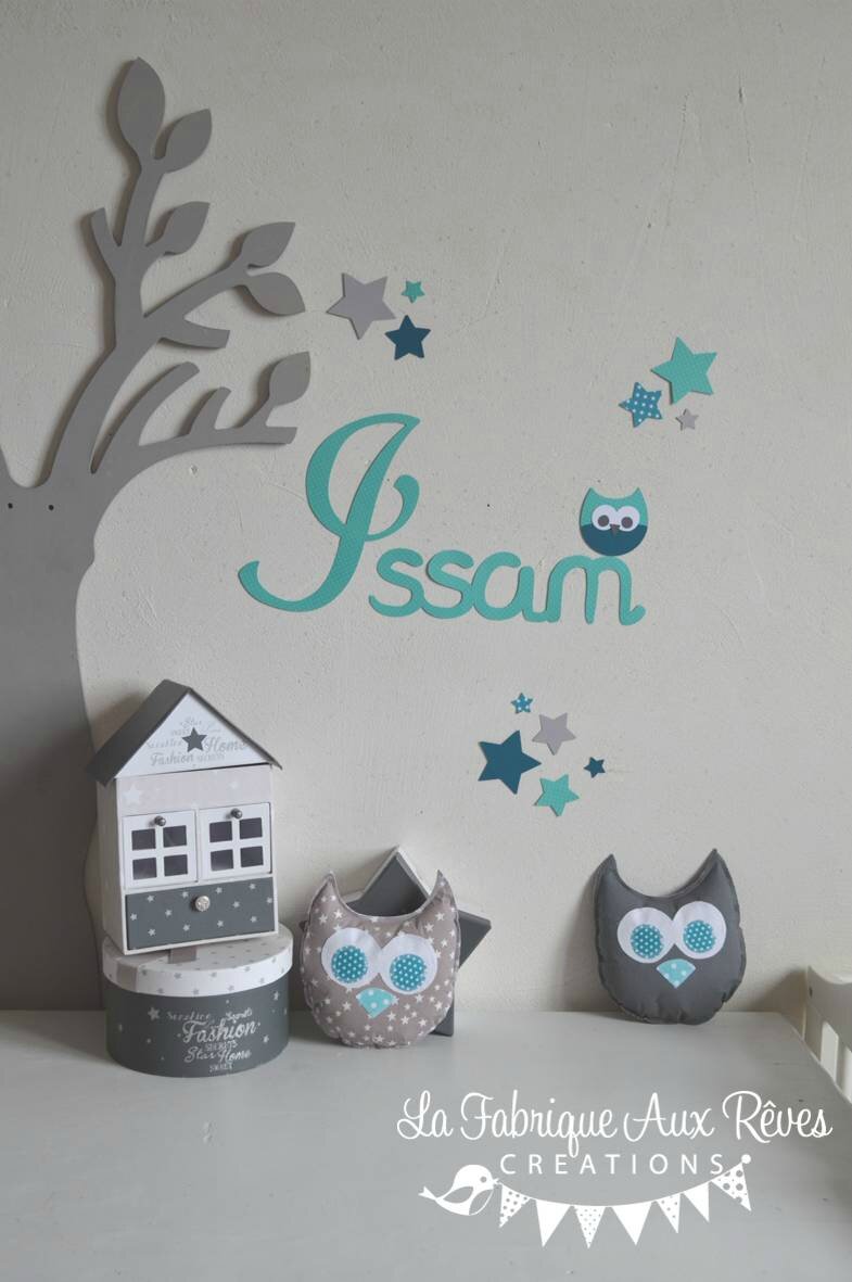 Stickers prénom garçon pétrole turquoise hibou étoiles ...