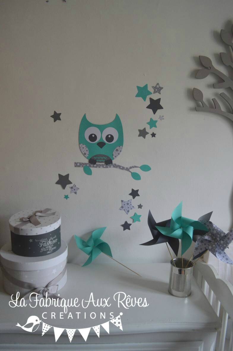 Décoration et linge de lit bébé turquoise gris et pétrole hibou ...