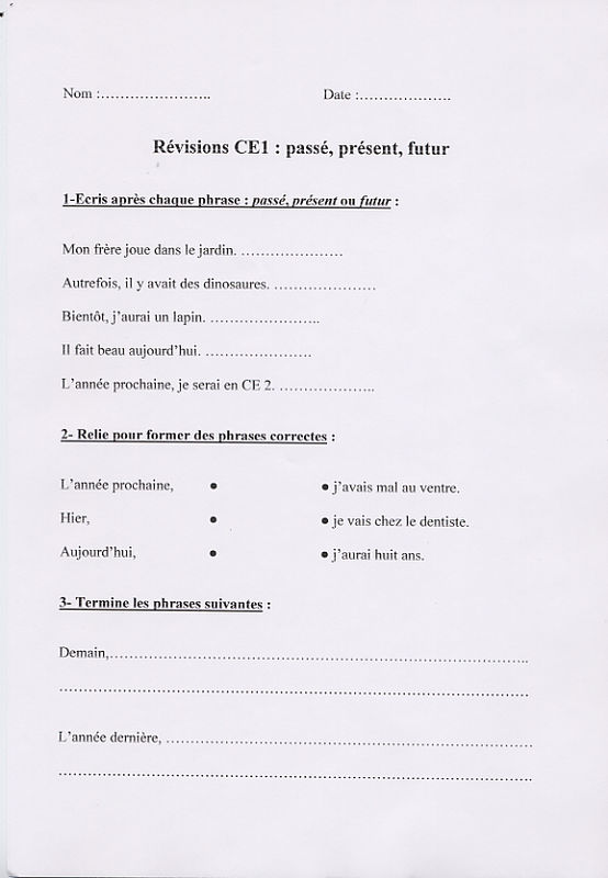 évaluation Passé Présent Futur Ce1 TOP22+ Exercices Conjugaison Ce1 Passé Présent Futur Aperçu - Bts cpi