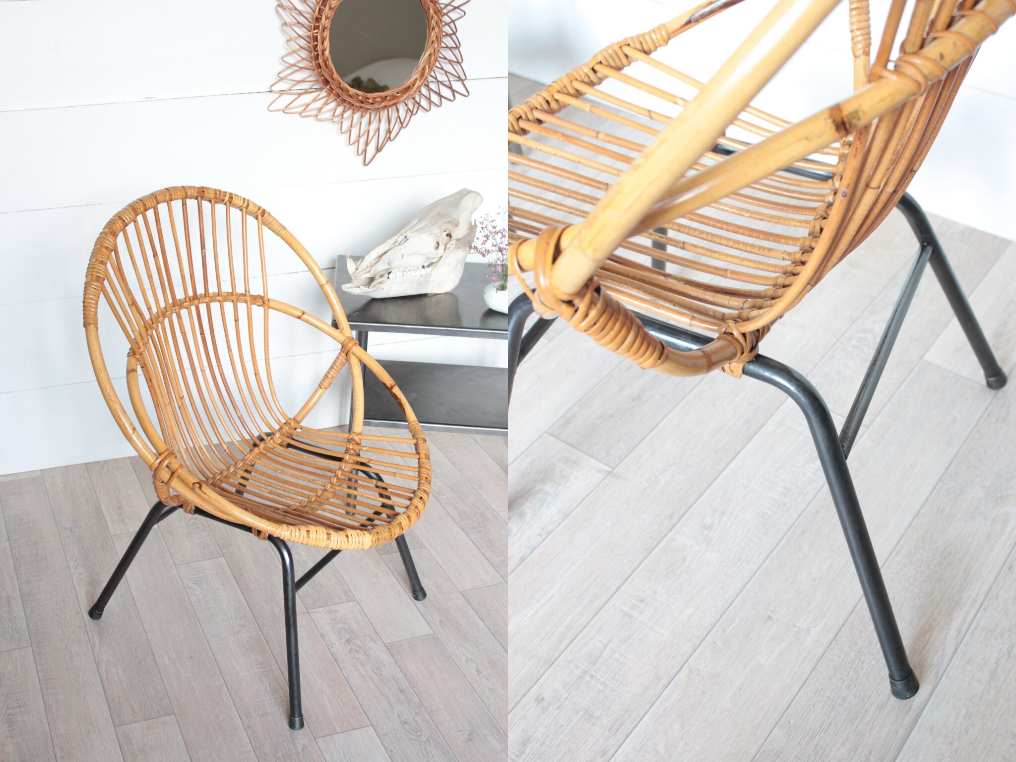 Fauteuils coquille vintage en rotin et petite table d'atelier ...