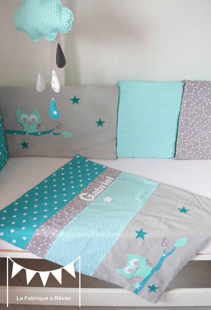 Couverture bébé turquoise vert d'eau mint hibou étoiles prénom ...