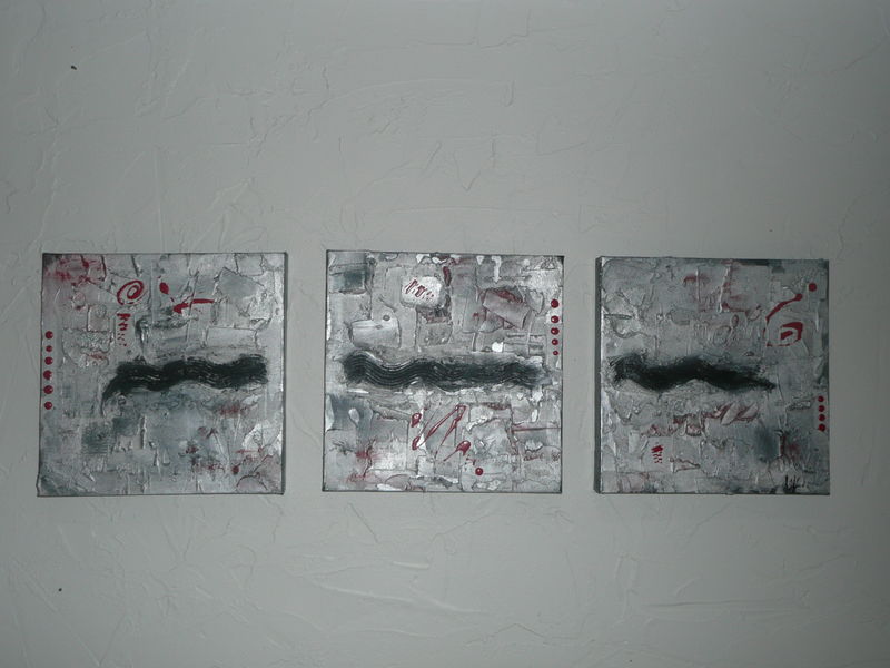 Tableau contemporain, triptyque: " cheminement " fond argent et ... Artistes contemporain noir et blanc