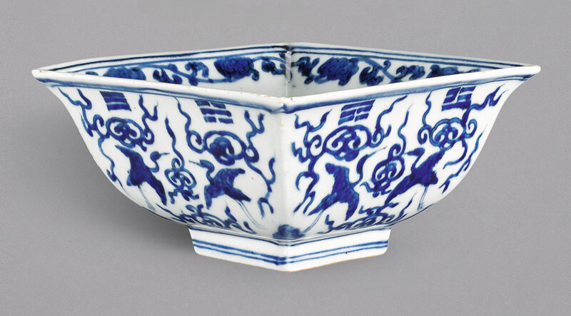 A Blue And White Crane And Trigram Square Bowl Jiajing Mark And