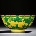 A green and yellow-enamelled 'boys' bowl, yongzheng six-character mark within double circles and of the period (1723-1735)