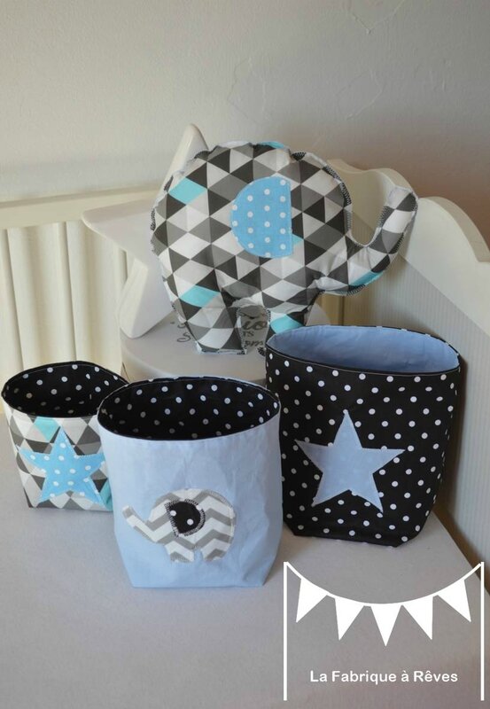 lot pochon rangement bleu noir gris chevron géométrique étoiles éléphant - chambre décoration bébé garçon éléphant bleu noir gris