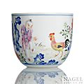 A fine famille-rose 'boy and chicken' cup with imperial poem, underglaze blue qianlong fangu seal mark and period