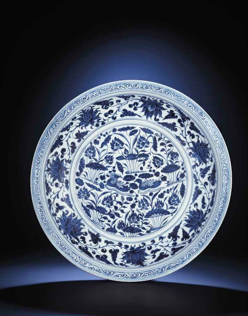A magnificent large blue and white 'Mandarin ducks' charger, Yuan dynasty (1279-1368) 