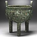 An Archaic bronze food vessel, li ding, Late Shang Dynasty (1600-1100 BC)