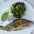 Truite au citron confit, mitonnée de légumes verts au bouillon d'herbes