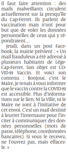 2021 03 20 SO Cap-Ferret des mails frauduleux sur la vaccination2