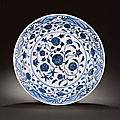 A large early ming blue and white dish, yongle period (1403-1425)