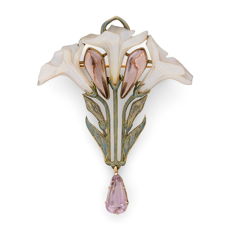 RENÉ LALIQUE, BROCHE ART NOUVEAU FLEURS DE DATURA AMÉTHYSTES, NACRE ET ÉMAIL