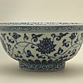 Bowl with underglaze blue lotus flowers, ming dynasty, xuande mark and period, ad 1426–35