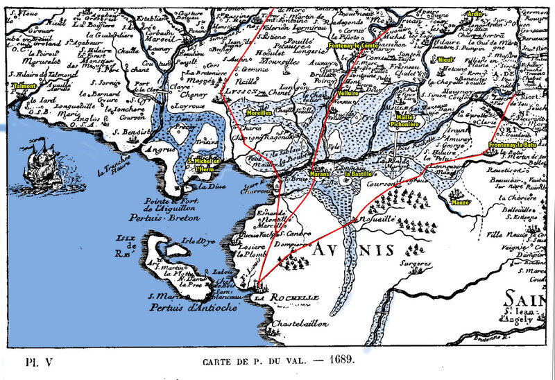 les anciens chemins du marais Poiteivn Carte de Pierre Duval 1689