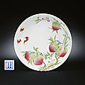 A rare small famille rose peach dish, yongzheng six-character mark within double-squares and of the period (1723-1795)