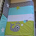 couverture bébé baleine anis turquoise gris blanc étoiles doudou minkee minky blanc