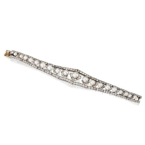 A fine late 19th century natural pearl and diamond bracelet, circa 1890 ...