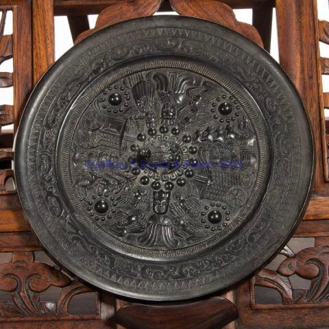 Chinese carved wooden vanity box and bronze mirror, probably mid 20th century