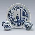 A blue and white 'chicken head' ewer, a small 'lotus' jar and a 'figure' plate, ming dynasty, 16th-17th century