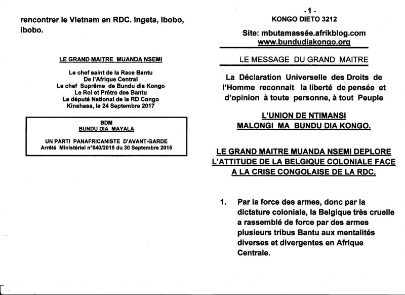 LE GRAND MAITRE MUANDA NSEMI DEPLORE L'ATTITUDE DE LA BELGIQUE COLONIALE FACE A LA CRISE CONGOLAISE DE LA RDC a
