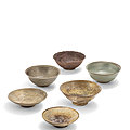 Five celadon-glazed bowls and an unglazed bowl, Probably Vietnam, ca