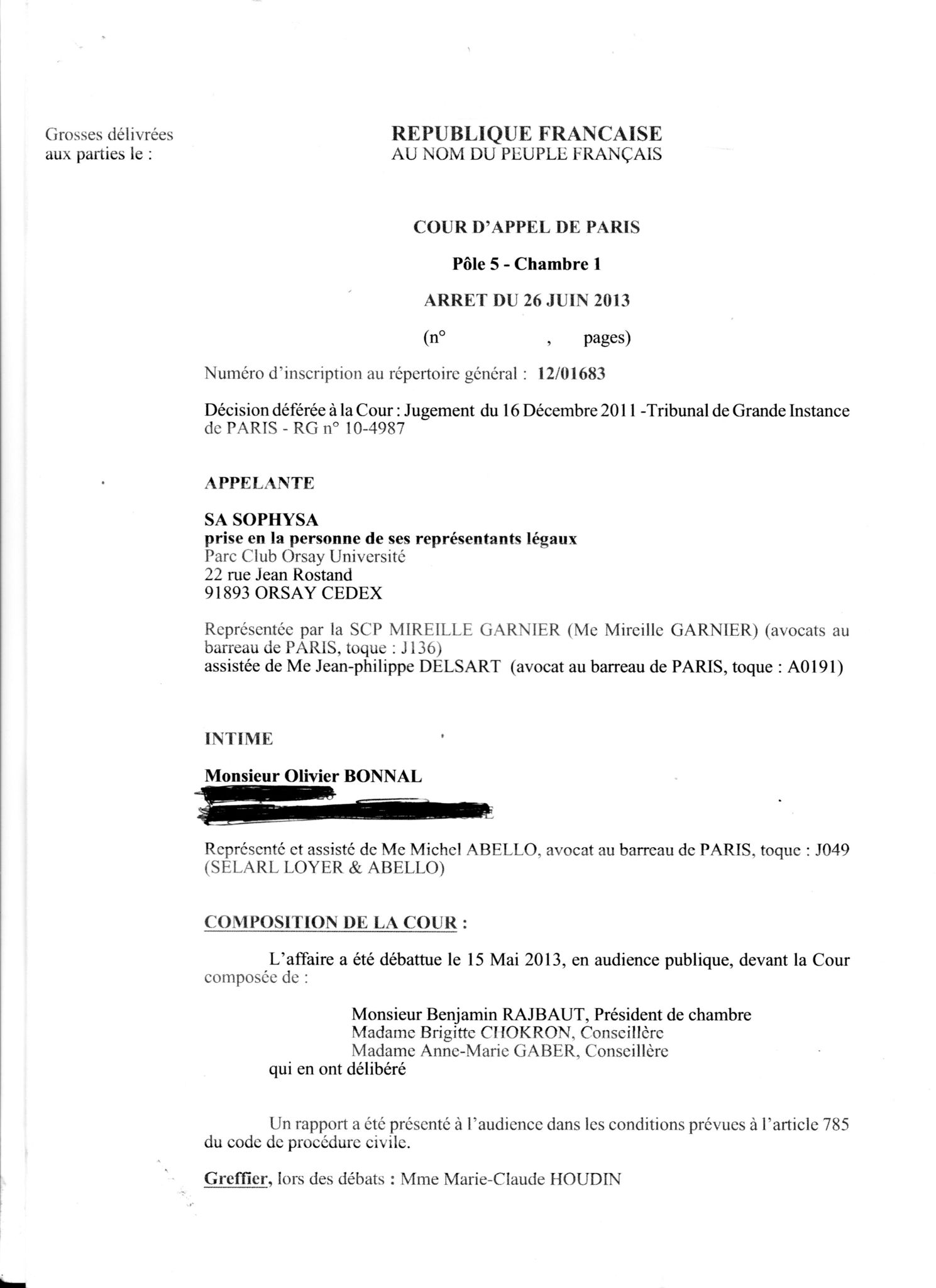 Arret Du 26 Juin 2013 De La Cour D Appel De Paris Bonnal C Sa Sophysa Valorisation Des Brevets De Barrage Inventions De Salaries Et De Dirigeants Sociaux Procedure Civile