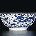 A fine and large blue and white 'dragon' bowl. mark and period of jiajing - sotheby's