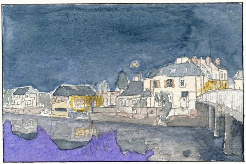 33 Sablé - Bord de Sarthe la nuit (vue depuis le pont de la Grande rue) 1992 03 08 (1 de 4)