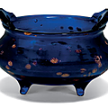A gold-splashed blue glass tripod censer, 18th-19th century