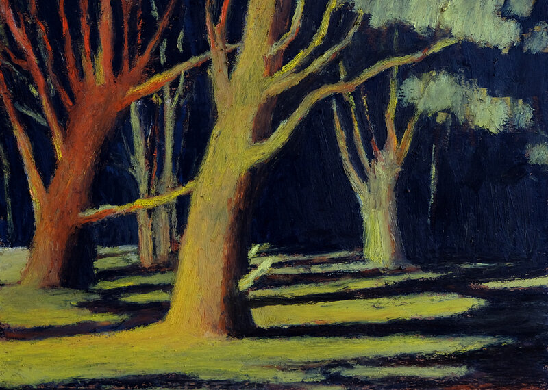pins oranges et jaunes, pastel à l'huile, 32 x 24 cm, avril 2018