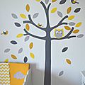 stickers arbre gris jaune blanc hibou chouette oiseaux feuilles - décoration chambre bébé jaune gris blanc