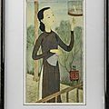 Mai thu (1906-1980). vietnam. femme à l'éventail et à l'oiseau