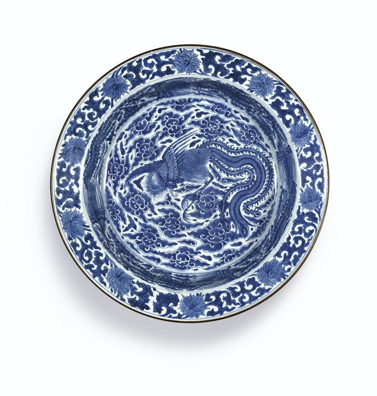 A rare blue and white 'Phoenix' basin, Mark and period of Kangxi