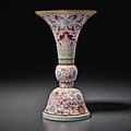 A famille rose pink-ground gu-form vase, jiaqing six-character seal mark in iron red and of the period (1796-1820)