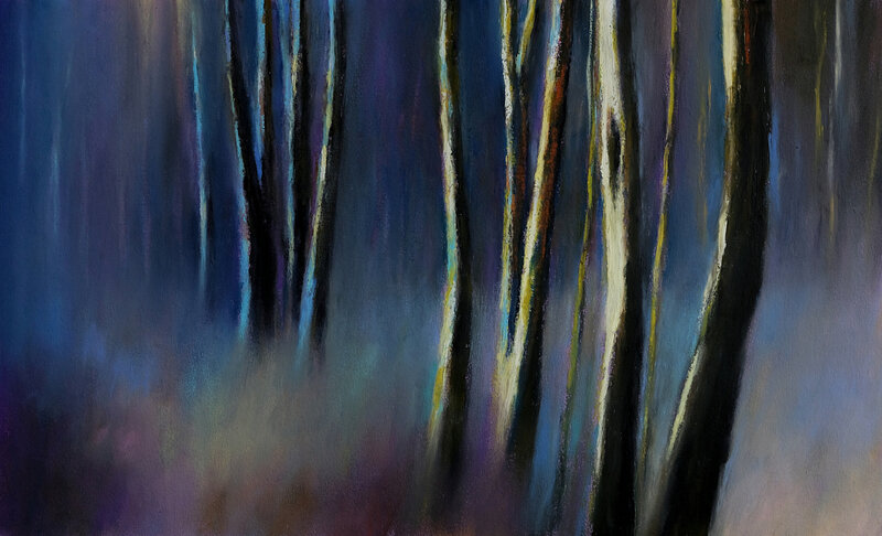 forêt de brume bleue, mars 2018, pastel à l'huile, 48 x 32 cm