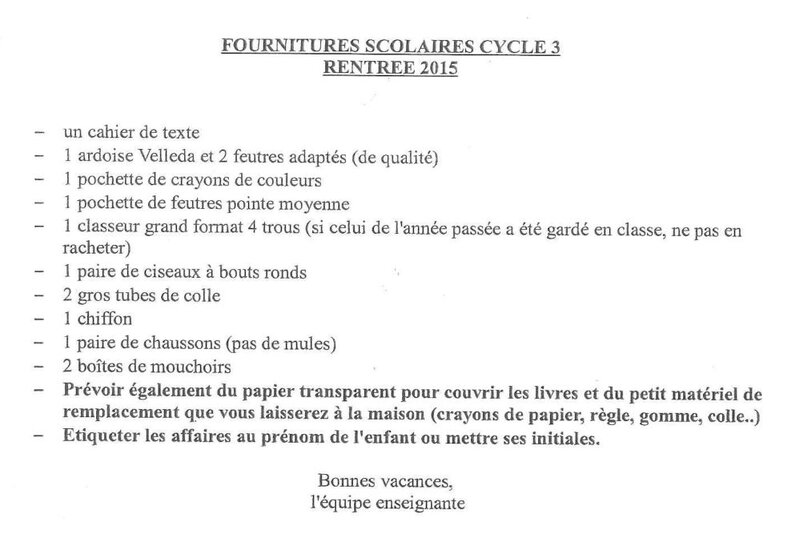 Liste Fournitures Scolaires Cycle 3 Rentree 15 Association De Parents D Eleves Les Grands Bichet