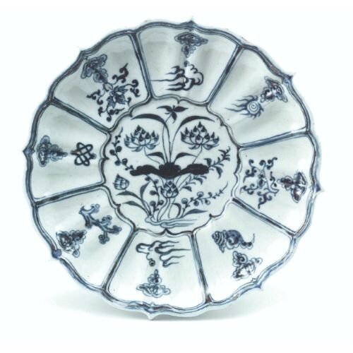 Blue and white lotus-petal dish with a lotus pond and Buddhist emblems, Yuan dynasty, Shanghai Museum