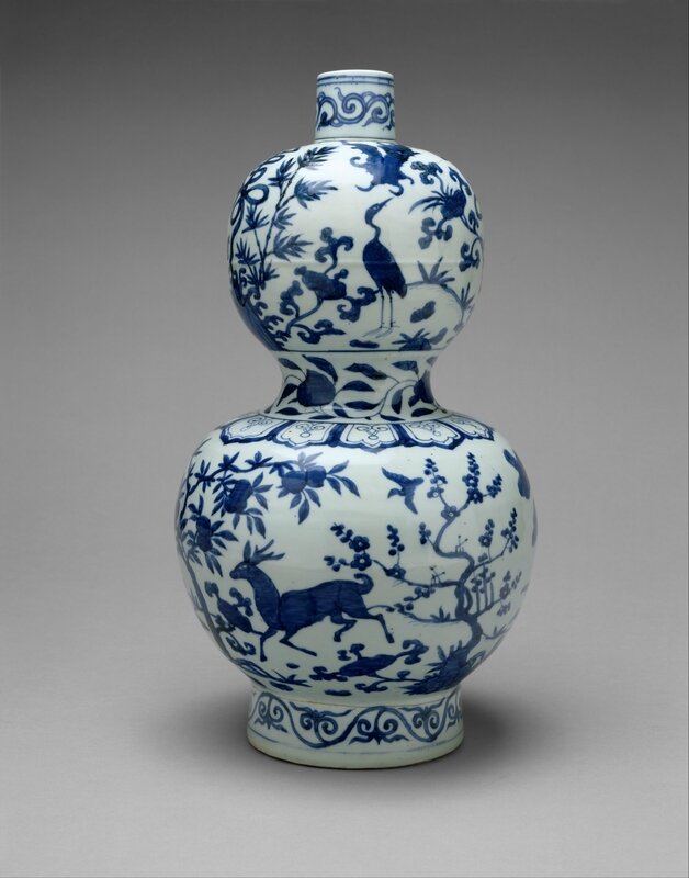 Gourd-Shaped Bottle with Deer and Crane in Landscape, Ming dynasty (1368–1644), Jiajing mark and period (1522–66)