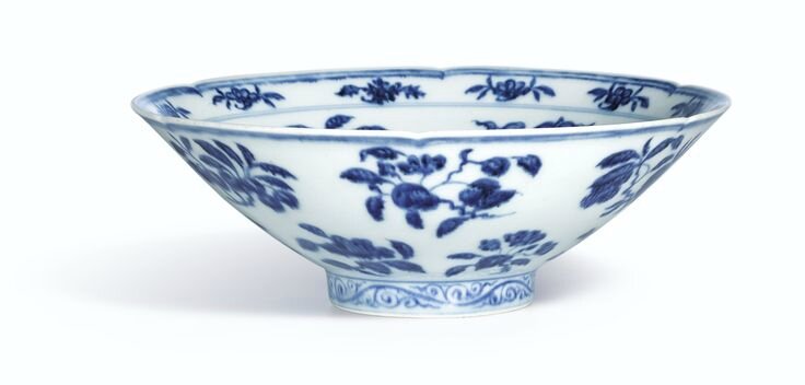 A fine and rare blue and white lobed bowl, Mark and period of Xuande2