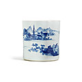 A blue and white 'landscape' brushpot, transitional period