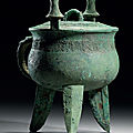 An archaic bronze wine vessel and cover, jia, mid shang dynasty