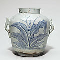A blue and white porcelain jar with animal handles, joseon dynasty, (18th century)