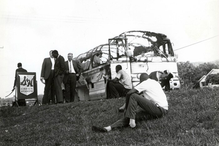  Joseph Postiglione, Freedom Riders' bus after attack in Anniston, Alabama, 1961. Courtesy of Birmingham Civil Rights Institute.