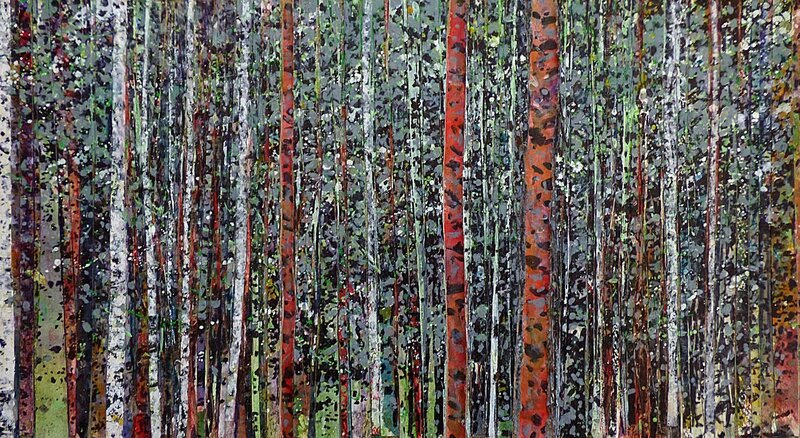 Forêt 64, les trois trons rouges,, aout 2016, techniques mixtes, 55 x 30 cm