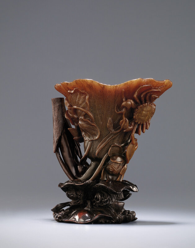 A rare and supberly carved lotus-leaf shaped rhinoceros horn waterdropper, Kangxi period (1662-1722)