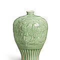 A carved Longquan celadon 'peony' vase, meiping, Yuan - Ming dynasty