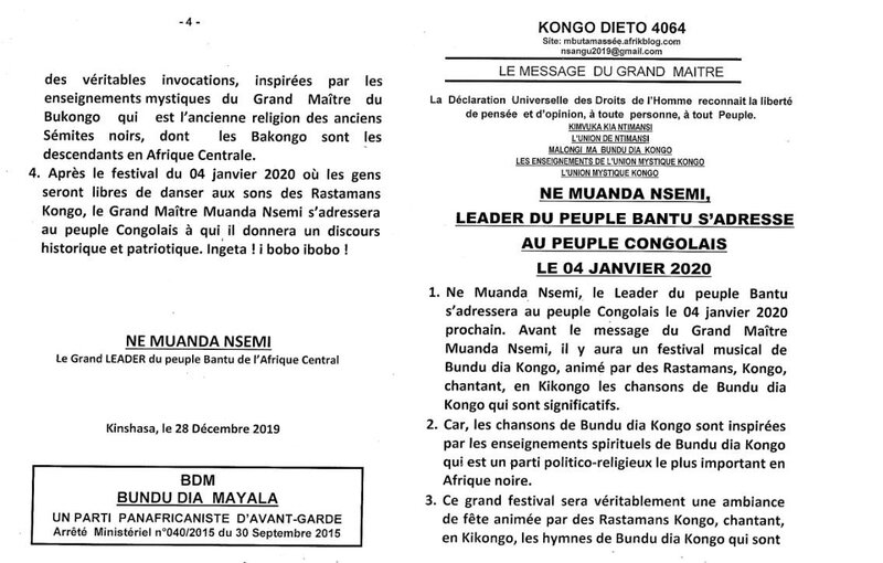NE MUANDA NSEMI LE LEADER DU PEUPLE DU PEUPLE BANTU S'ADRESSE AUX CONGOLAIS LE 4 JANVIER 2020 a