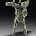 An unusual bronze ritual wine vessel, jue, late shang dynasty, 13th-12th century bc